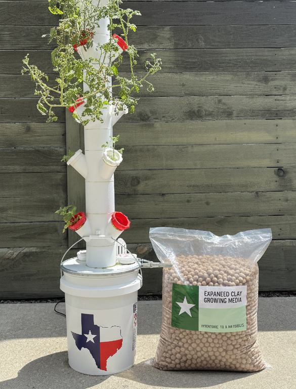Potted plant with a white container and bag of expanded clay growing media against a wooden background