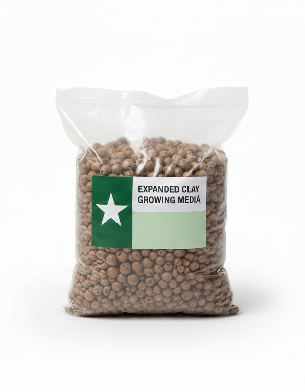 Bag of expanded clay growing media with a label on a white background