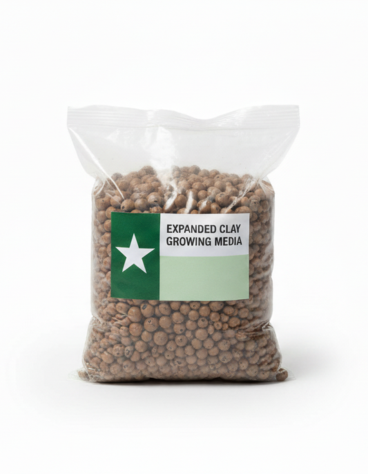 Bag of expanded clay growing media with a label on a white background